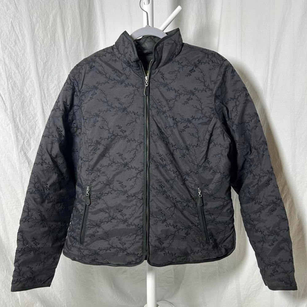 Eddie Bauer Womens Jacket Size XL Quilted Goose Down Black Floral‎ Flowers